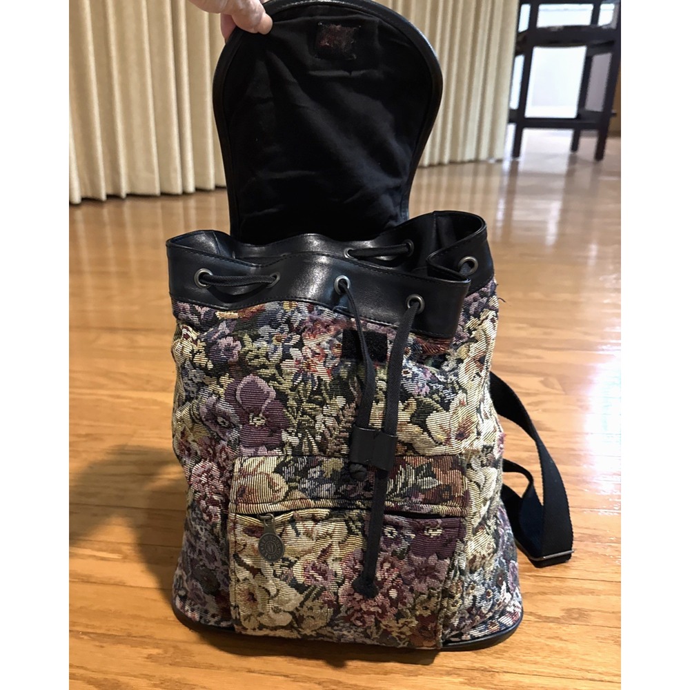 VTG 80s/90s New York Studios Floral Tapestry Backpack Black Leather Trim 10x12x5 - Picture 6 of 11